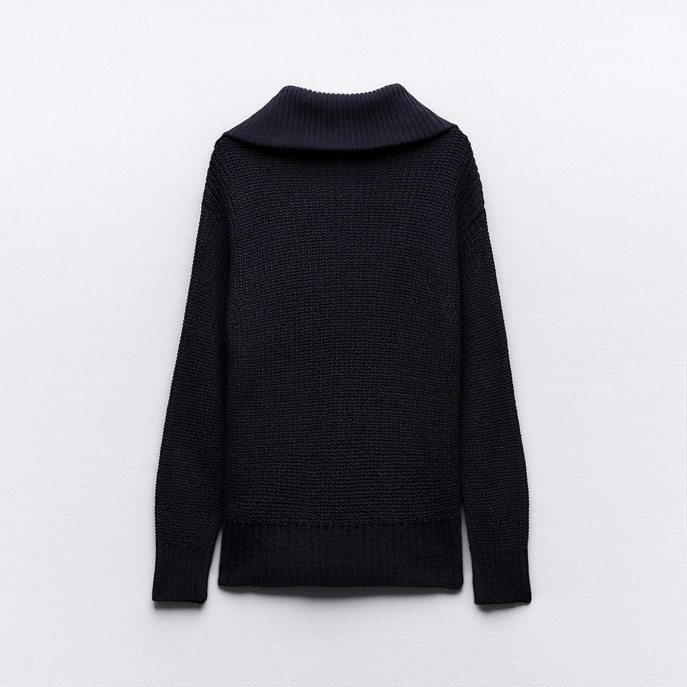 ZARA Ribbed Asymmetrical Turtleneck Sweater Navy Wool Blend Size S Minimal Knit - Picture 14 of 16